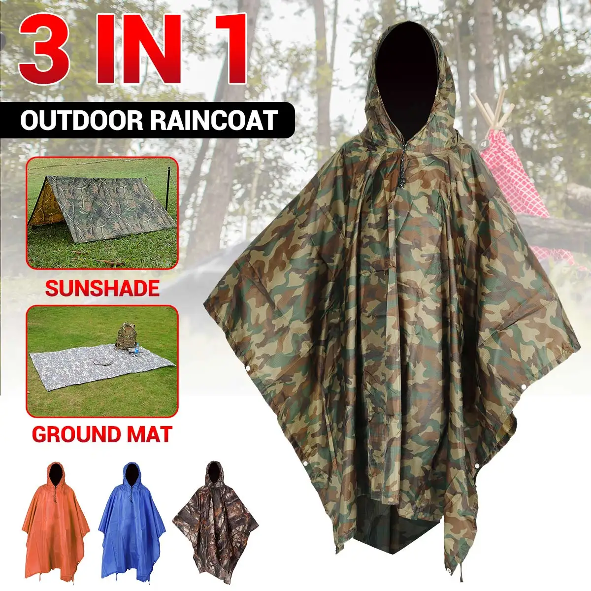 3 in 1 Ultralight Outdoor Hiking Camping Raincoat Poncho Picnic Mat Awning Tents Mini Tarp Sun Shelter 210T | Спорт и развлечения