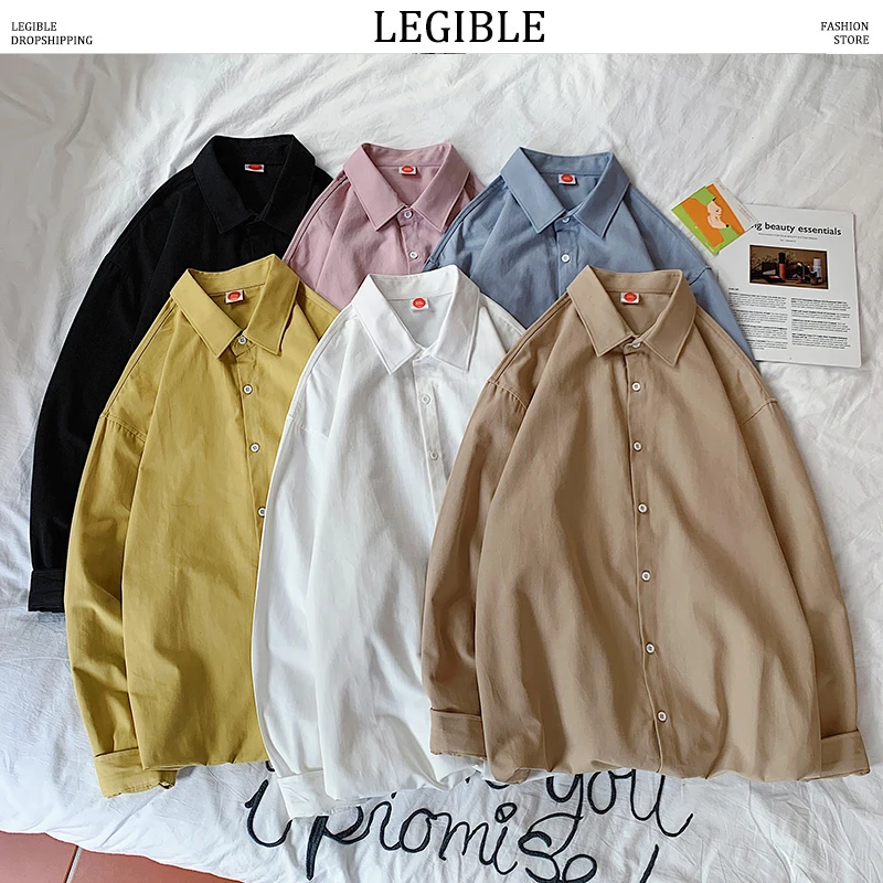 Рубашка LEGIBLE мужская с длинным рукавом однотонная уличная одежда в японском