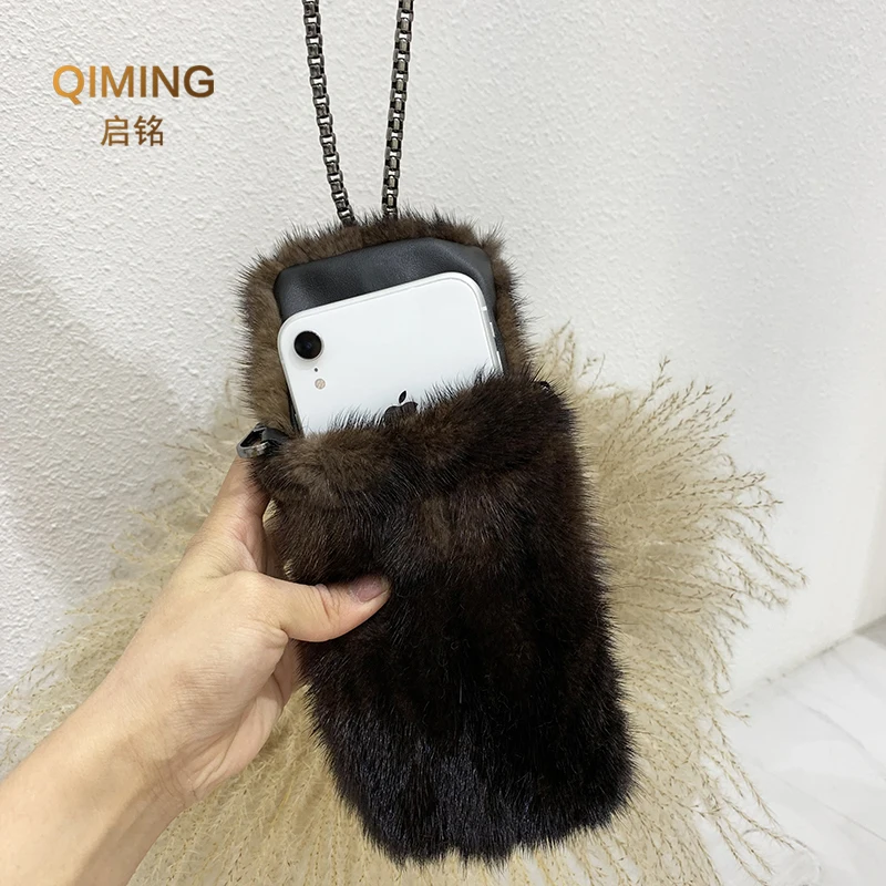 100% Real Mink Fur Bag Crossbody Bags For Women Autumn Winter Plush Purses and Handbags Female Phone Shoulder Bag Girls Wallet