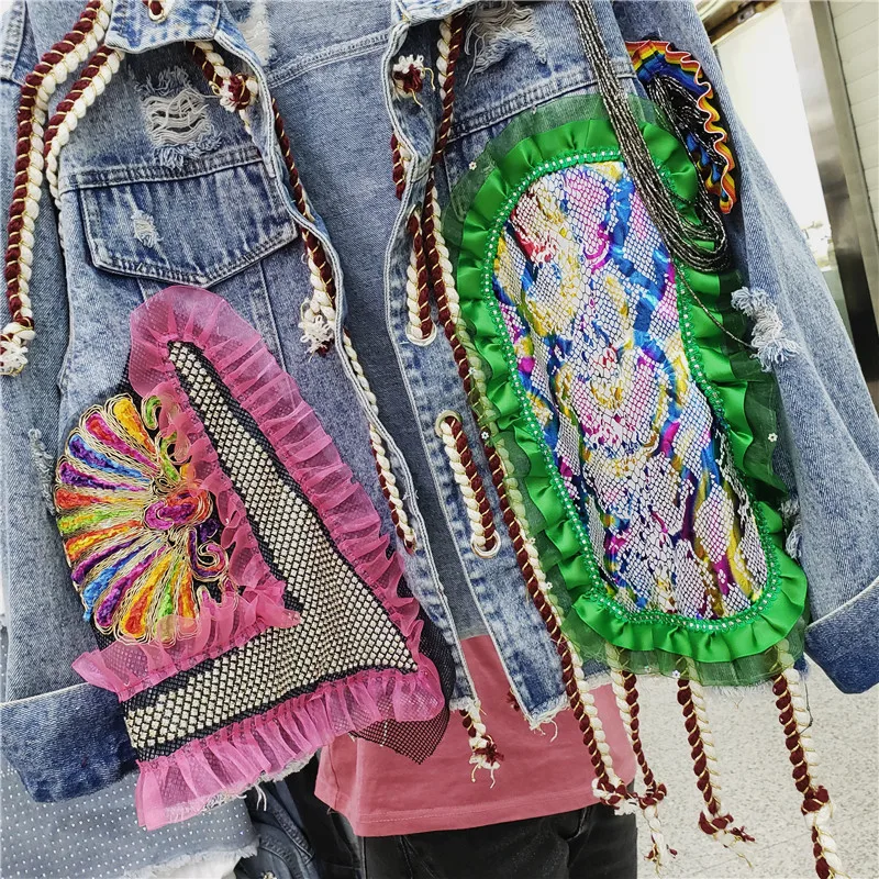 Женская короткая джинсовая куртка свободная в европейском стиле с кружевной