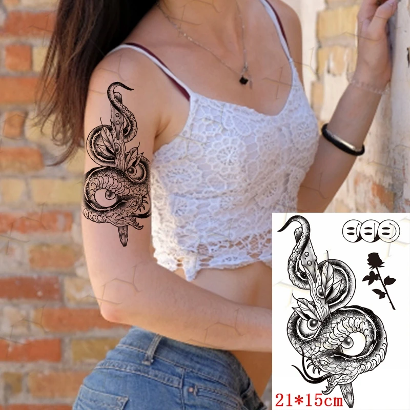 

Black Snake Waterproof Temporary Tattoo Stickers Rose Body Art Tatoo Animal Skull Flower Women Tatto Men Tatuajes Temporales