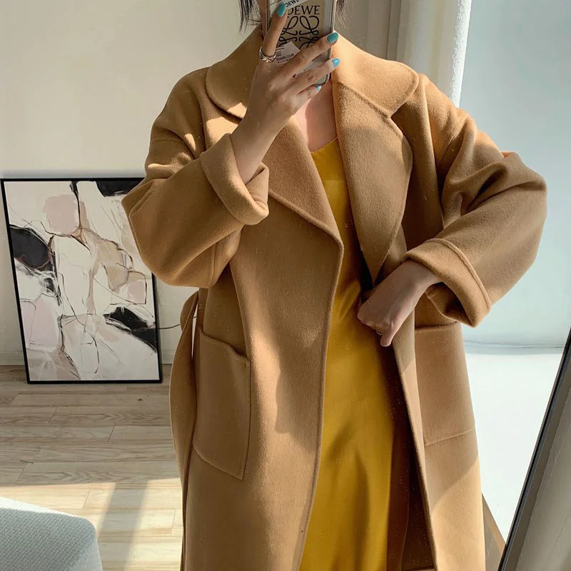 

Женское двухстороннее кашемировое пальто Shzq, свободное утепленное шерстяное пальто средней и длины из 2021-ной шерсти, Осень-зима 100