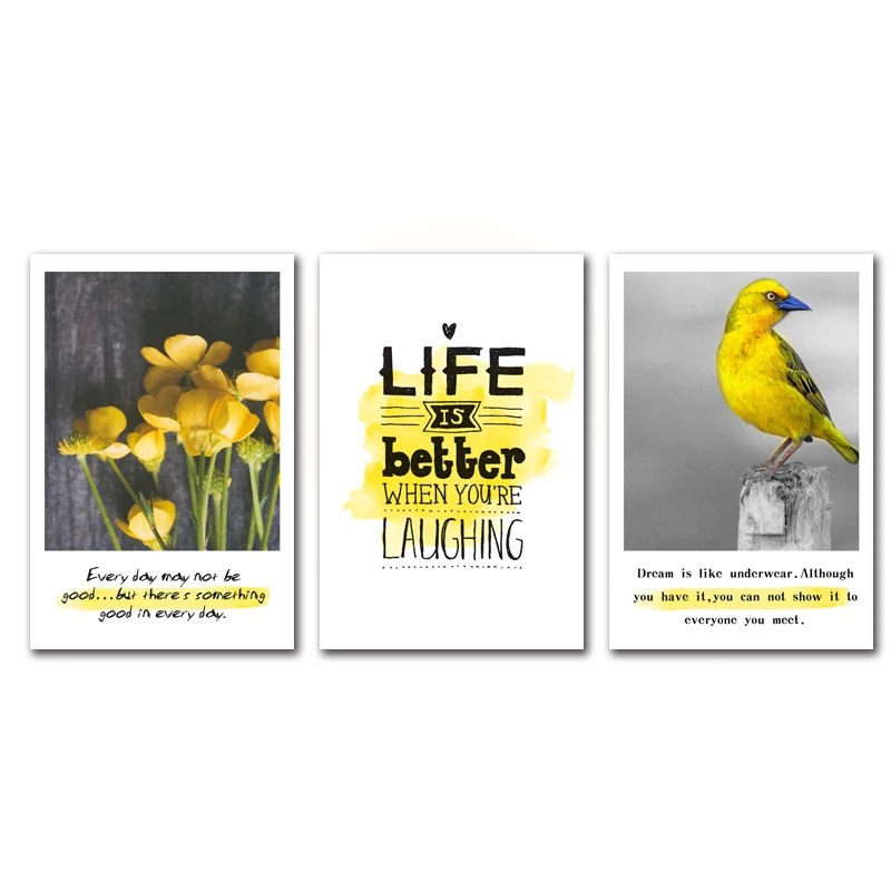 

Yellow Theme Wall Painting Flowers and Birds Inspirational Quotes Photography Printing Frameless Home Canvas Decoration Posters