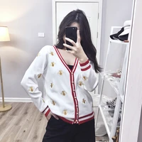 runway high quality fashion designer bee embroidery cardigan long sleeve single breasted contrast color button knitted sweaters