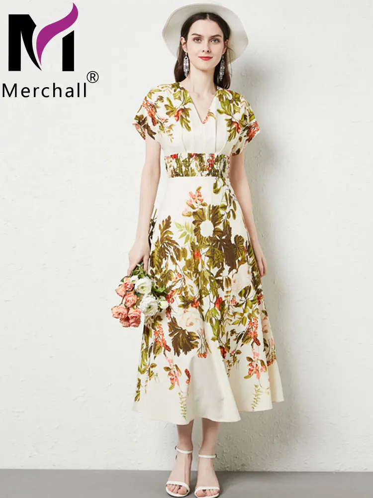 

Runway Summer Holiday Dress Women Beach Outfits V-neck Short Sleeve Elastic High Waist Flower Print Slim Maxi Party Dress M55159