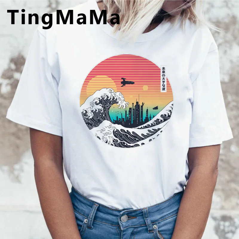 Женская футболка в японском стиле с героями мультфильмов The Great Wave Харадзюку хип