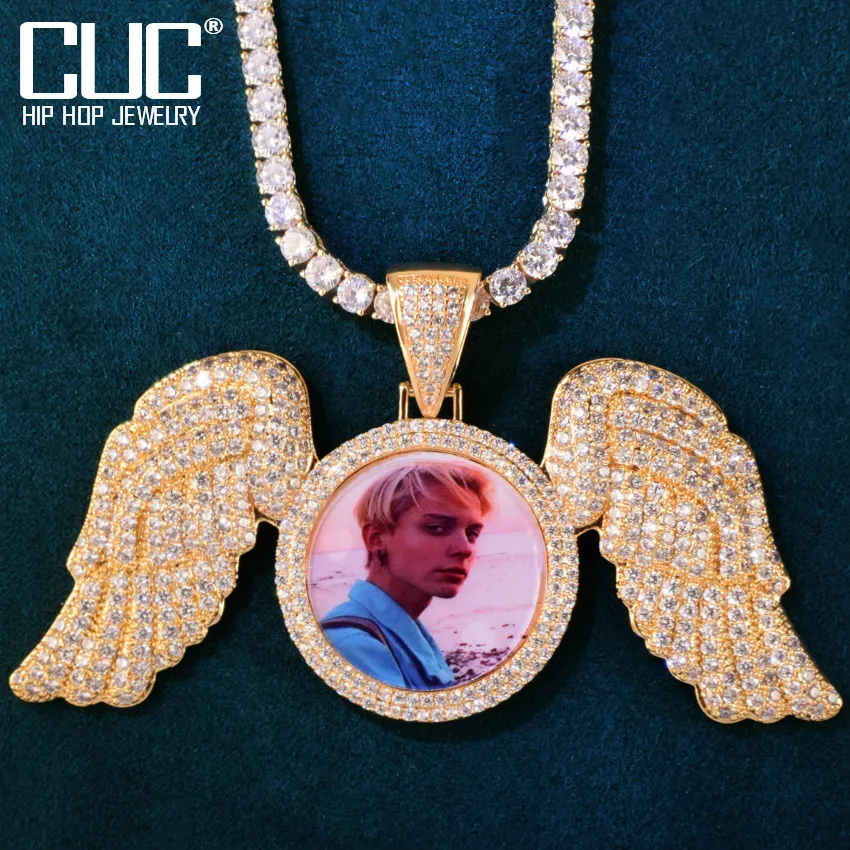 Round Angel Wing Custom Photo Pendant Necklace Solid Back Make Memory Picture Hip Hop Chain for Men Jewelry