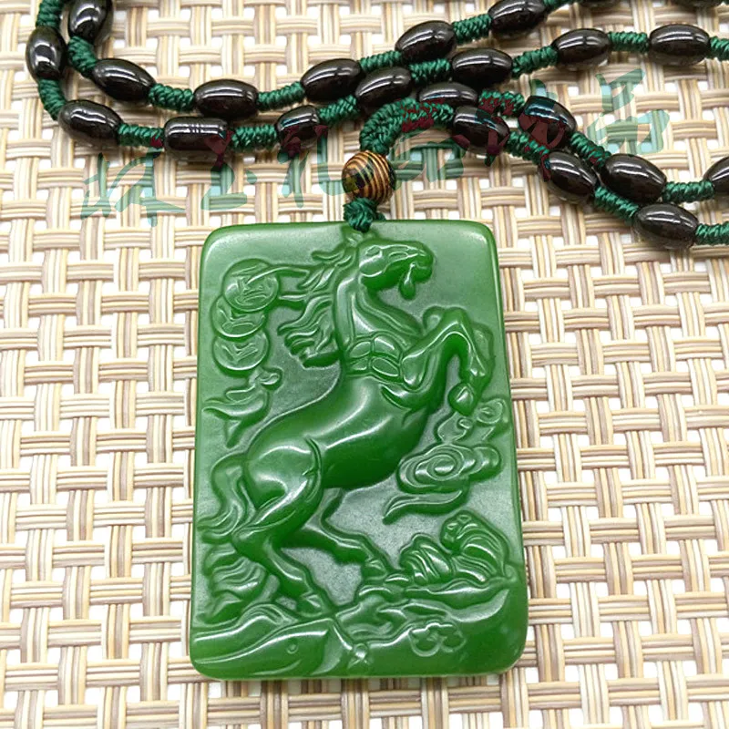 

Natural Chinese HeTian Green Jasper Zodiac Horse Jade Pendant Necklace Carved Fashion Charm Jewelry for Men Women Amulet Gifts