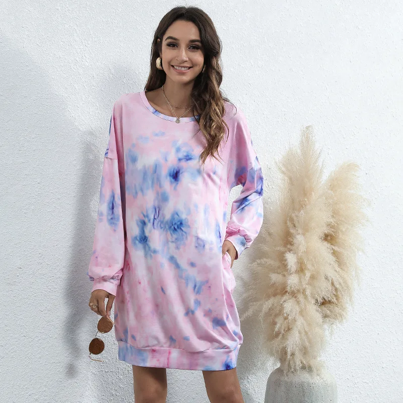 

Tie Dye Print Oversized Tshirt Dress Women Long Sleeve New Autumn Dresses Casual 2XL Large Size Mini O-Neck Dress 2021
