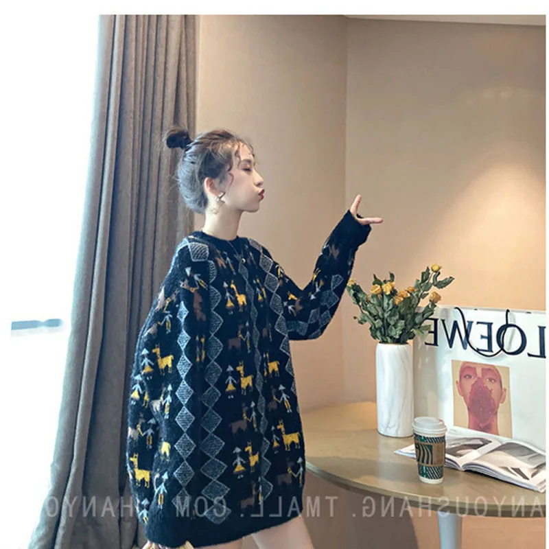 

Autumn Winter Christmas sweaters Women Vintage Lantern Sleeve Loose Casual Knitted Jumper O-neck Cartoon Knitted Female Pullove