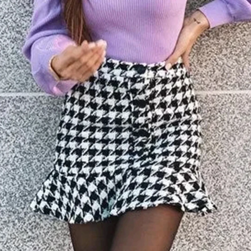 

Tweed Knitted Houndstooth Plaid Mini Skirt Women Autumn Vintage Chic Button Ruffle Bodycon Skirt High Waist Check Skirt Winter