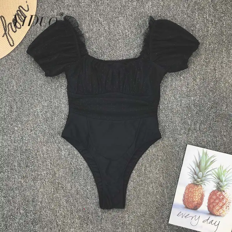 

YiDuo Women Sexy Puff Sleeve One Piece Swimwear Female 2020 New Black Polka Dot Print Mesh Bodysuit Beach Wear Bodysuits