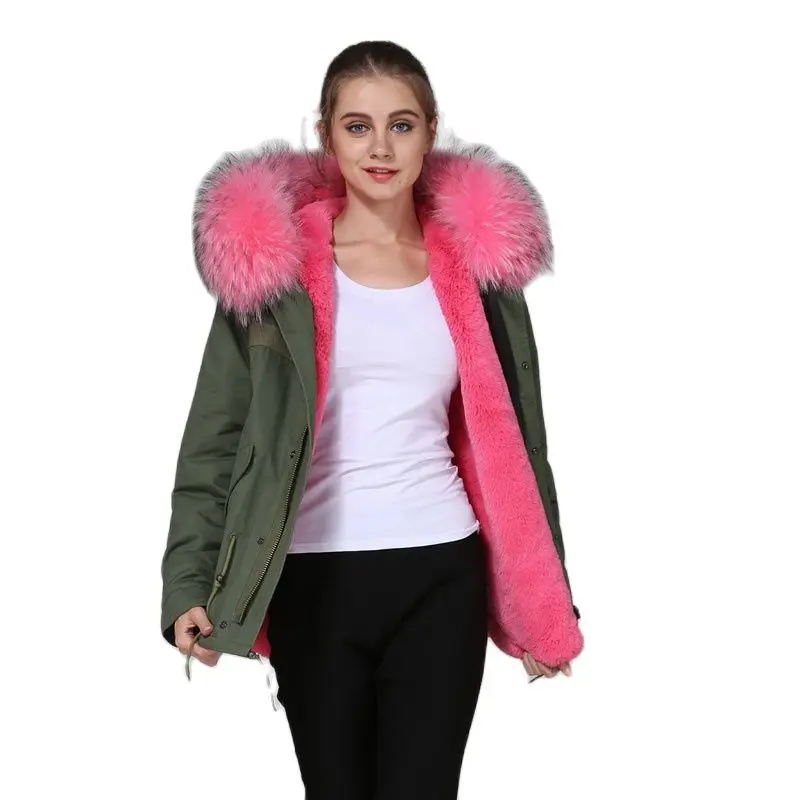 Mhnkro New Arrival Peach Pink Soft Raccoon Fur Collar Ladies Winter Casual Short Length Luxury Fur Parka With Hoodies