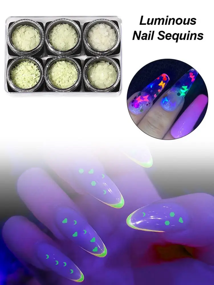 Светящиеся Блестки для ногтей профессиональный набор наклеек 6 комплектов