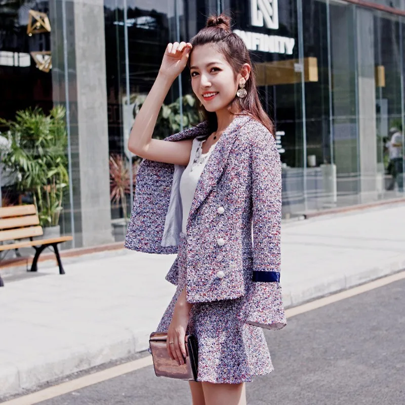 

Winter Woolen Small Fragrance Set Fashion Coat + Skirt Two-Piece Female Flare Sleeve Zipper Double Breasted Jackets Plaid Sets