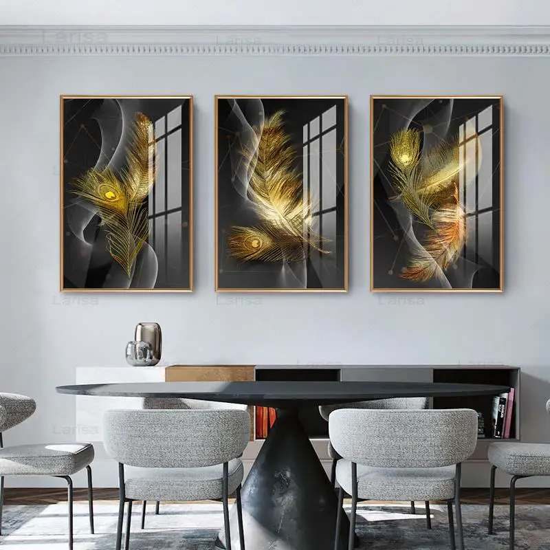 

Nordic Modern Abstract Gold Feather Wall Art Poster Minimalist Canvas Painting for Aisle Living Room Dining Room
