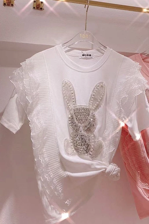 

2021 Summer New Korean Style Sweet Beaded Cartoon Pattern Lace Ruffled Patchwork Short-Sleeved T-shirt Tops
