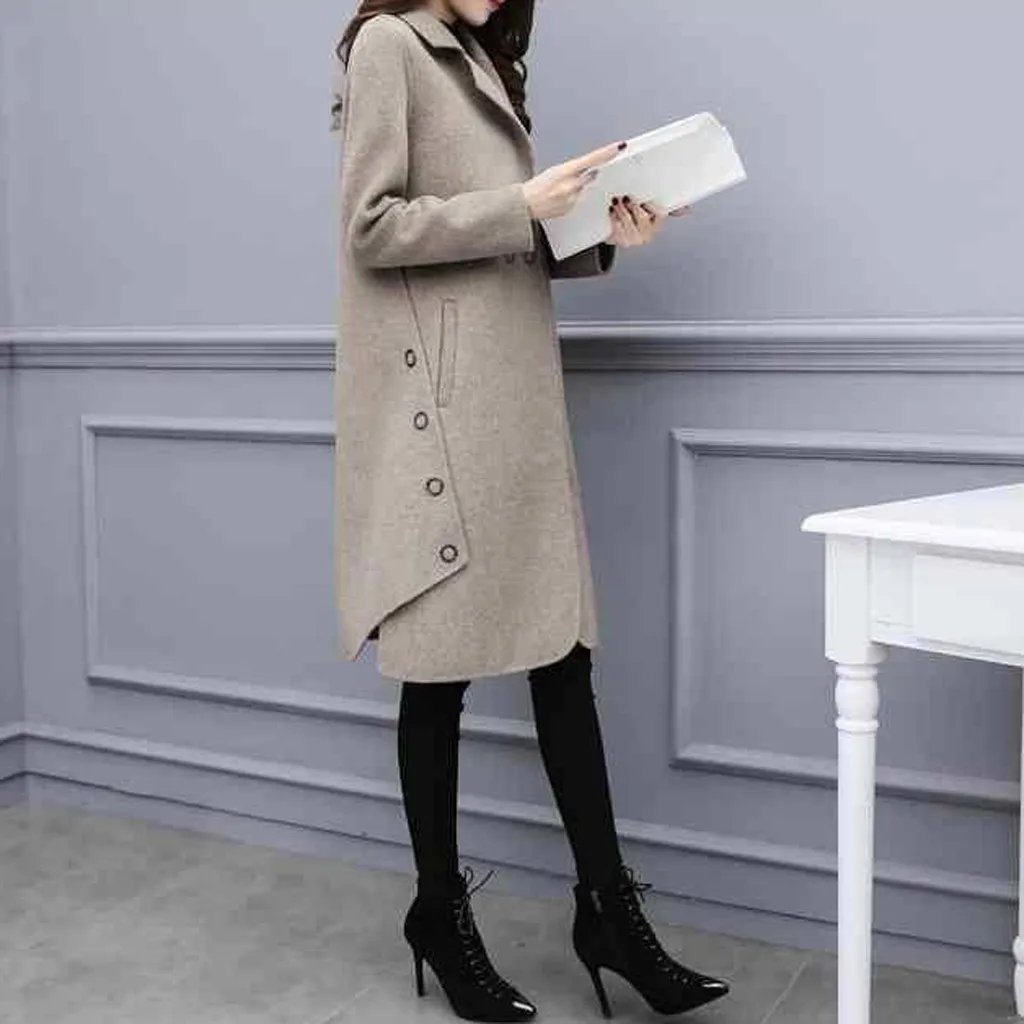 2019 Office Lady Women Long Winter Wool Blend Coat Slim Solid And Jacket Double Breasted Outerwear Plus Size 3xl#2 | Женская одежда