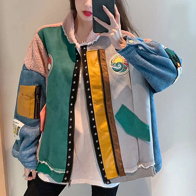 PERHAPS U Women Faux Fur Ted Denim Jacket Outwear Zipper Warm Thick Patchwork Leather C0474