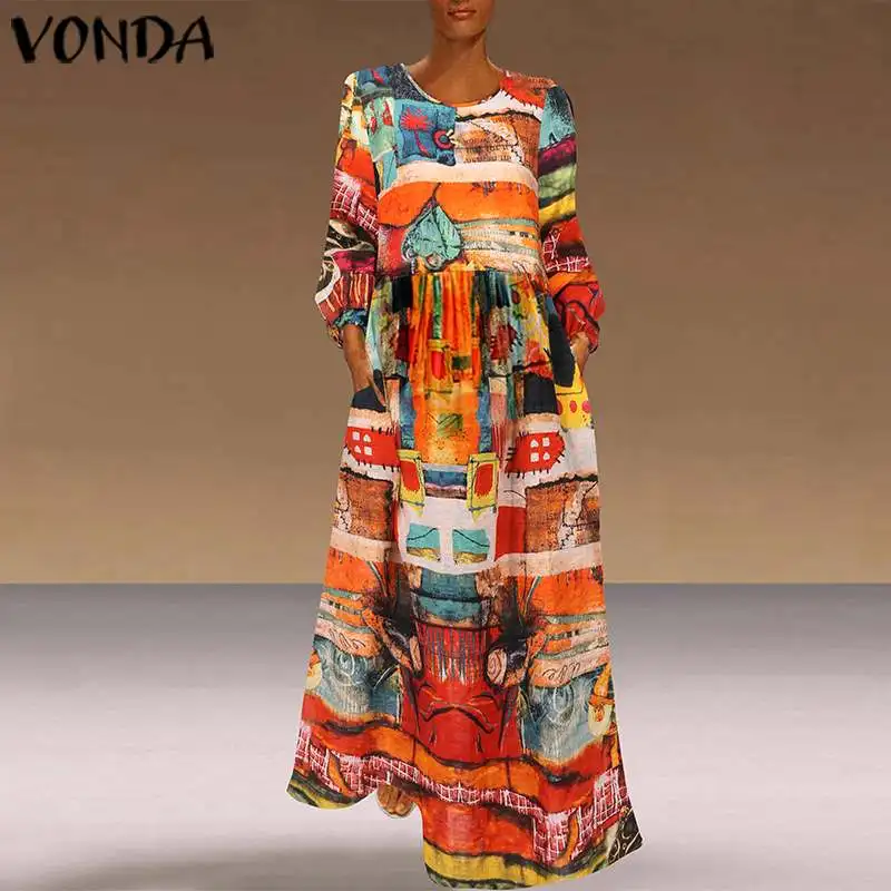 Женское богемное длинное платье VONDA повседневное свободное Пляжное Платье макси