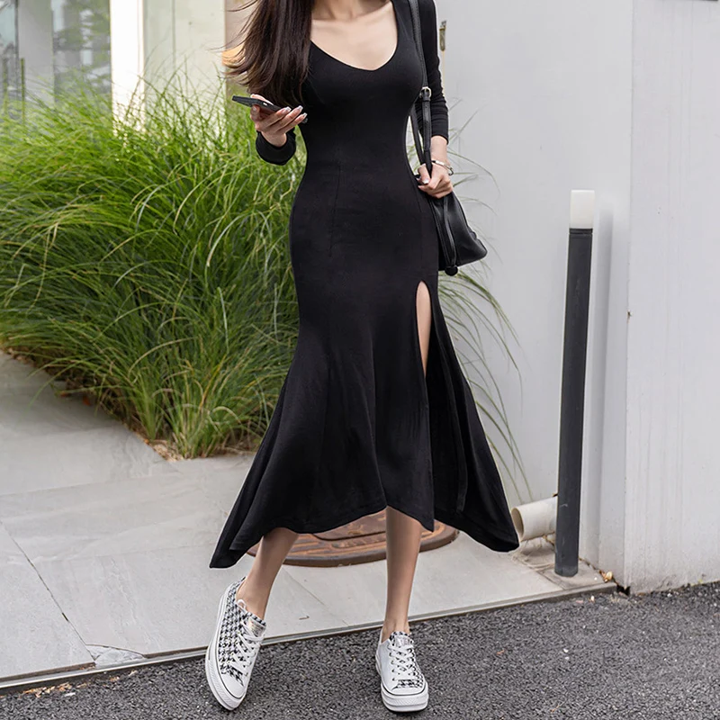 Женское длинное платье-макси с длинным рукавом и круглым вырезом | Женская одежда