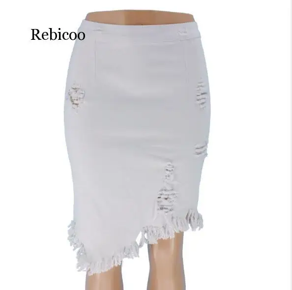 Ассиметричная черно-белая Джинсовая Юбка-миди с дырками кисточками 2020 высокой