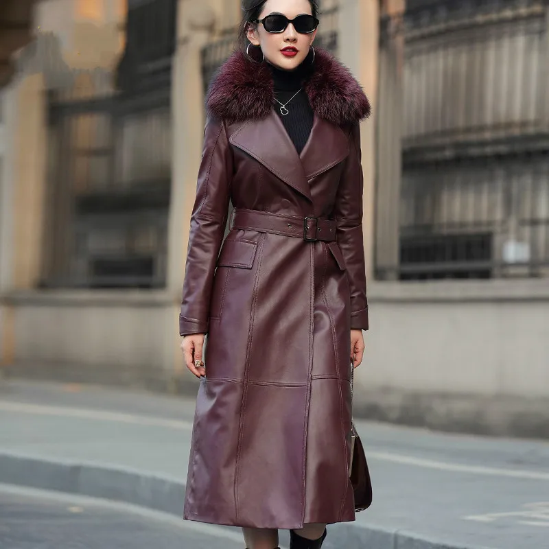 

Длинная куртка из натуральной кожи, Женское пальто из овчины, женские теплые куртки на 90% белом утином пуху с воротником из лисьего меха, Жен...