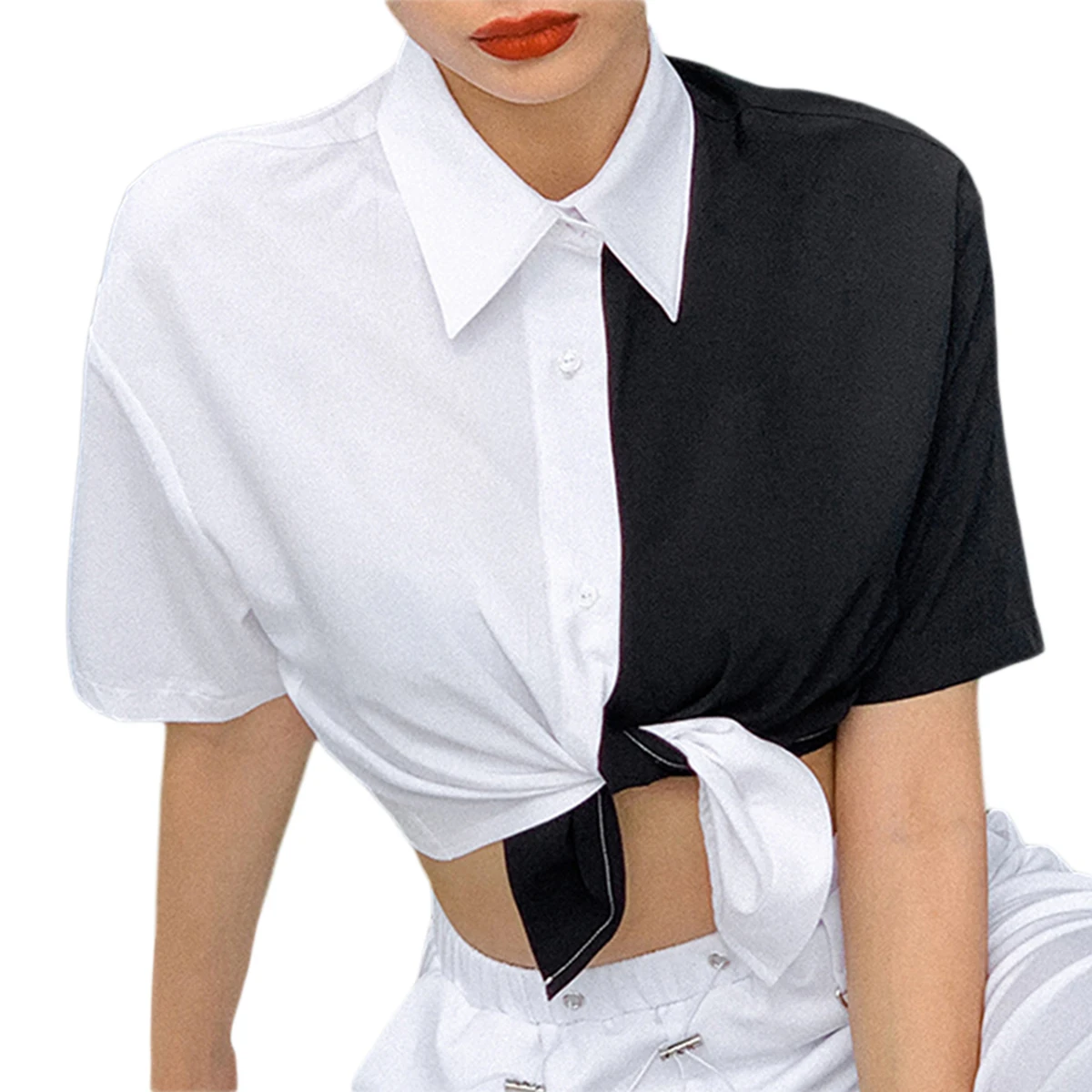 Cool Black White Patchwork Blouses Women Short Sleeve Summer Shirts Button Design Lady Shirt Bowknot Blouse Contrast Color Top