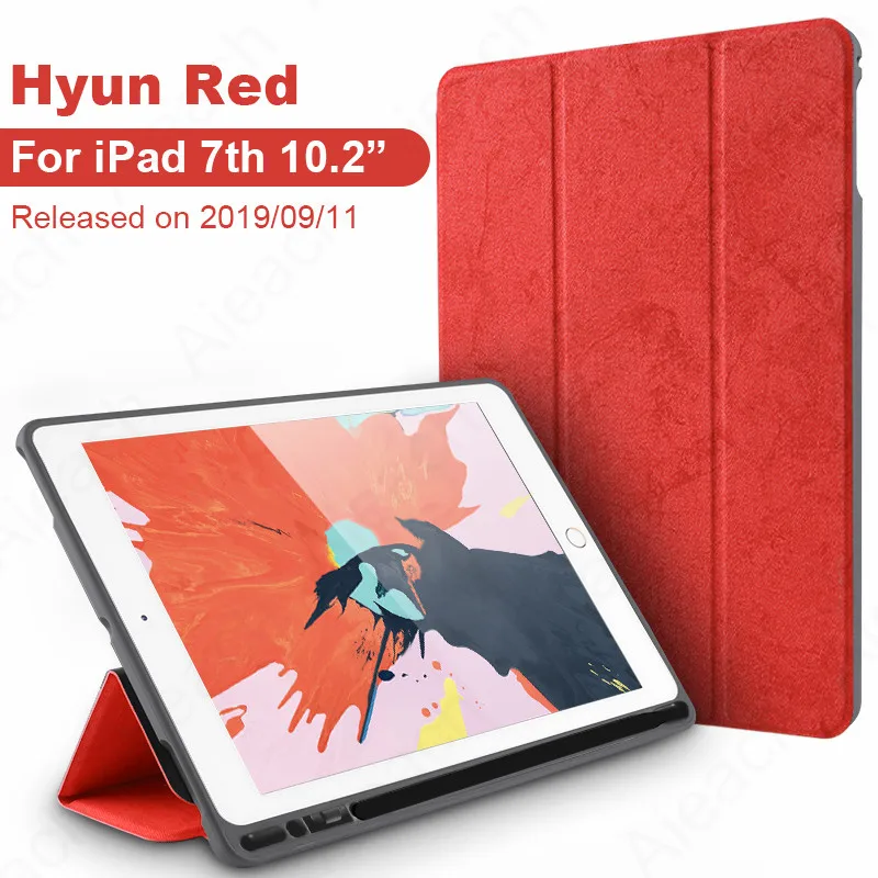 Hyun Red Для iPad 7th 10," Чехол с карандашом держатель ткань Текстура Кожа Мягкий силиконовый чехол для iPad 10,2 чехол Автоматический Режим сна/пробуждения - Цвет: Hyun Red