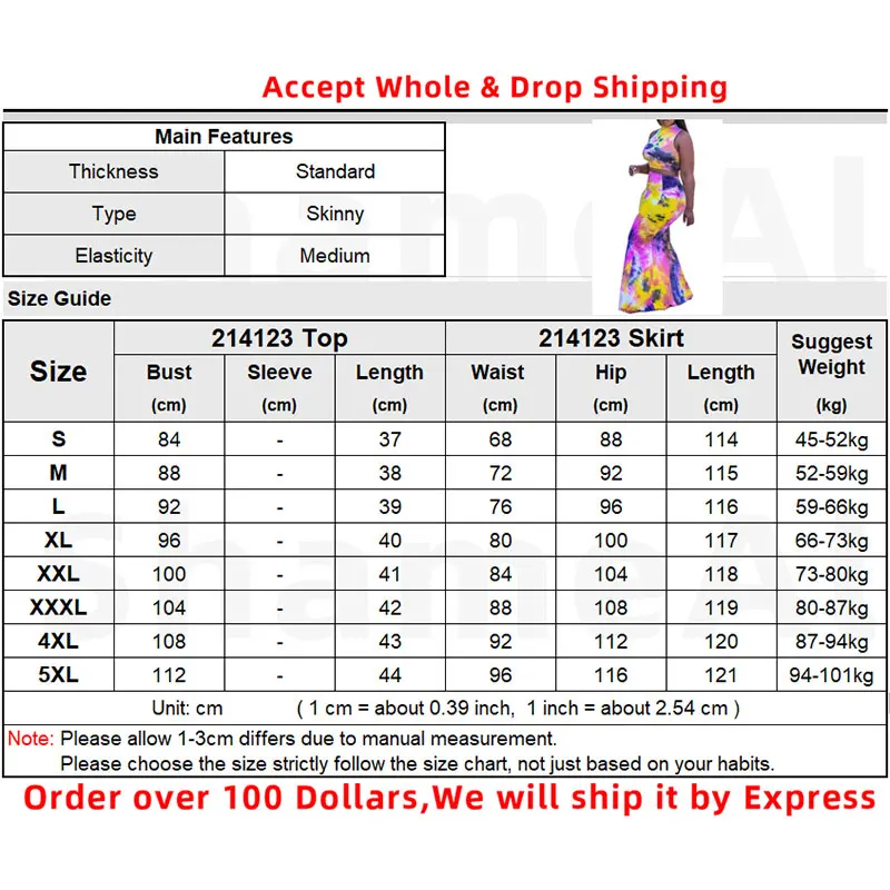 

Plus Size Tie-dye Dress Crop Tops 2 Two Pieces Sets 4XL Summer Sexy Tanks Long Bodycon Skirts Suits Club Outfits Bandage Skirt