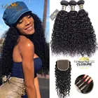 Кудрявые пучки волос с застежкой бразильские пучки человеческих волос с 4*4 кружевной застежкой Remy кудрявые вьющиеся волосы для наращивания естественного цвета