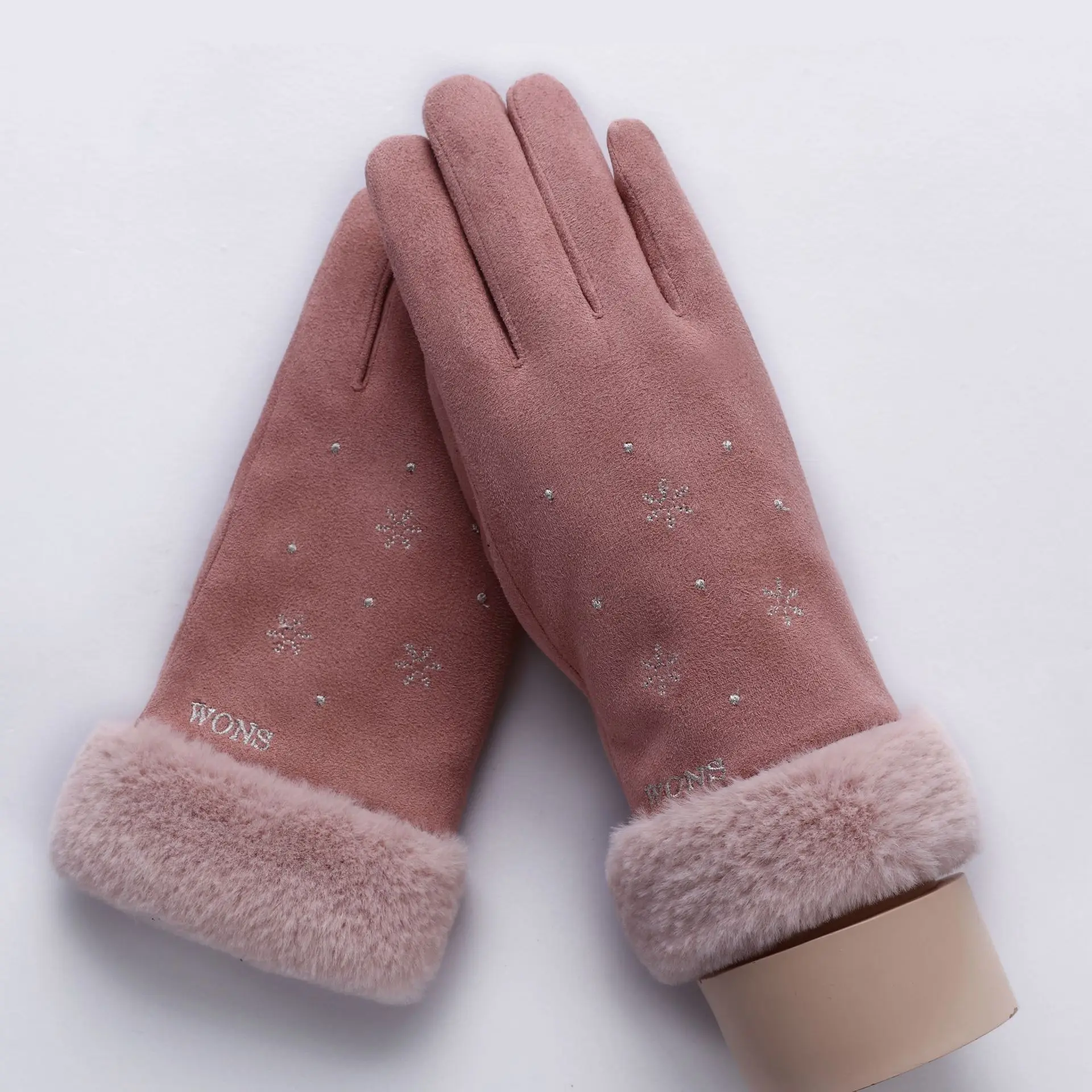 081E-Hua-Skin PInk Sparsil женские замшевые перчатки с сенсорным экраном, зимние двухслойные меховые варежки, теплые модные перчатки с вышивкой в виде снежинки для улицы - Цвет: 081E-Hua-Skin PInk