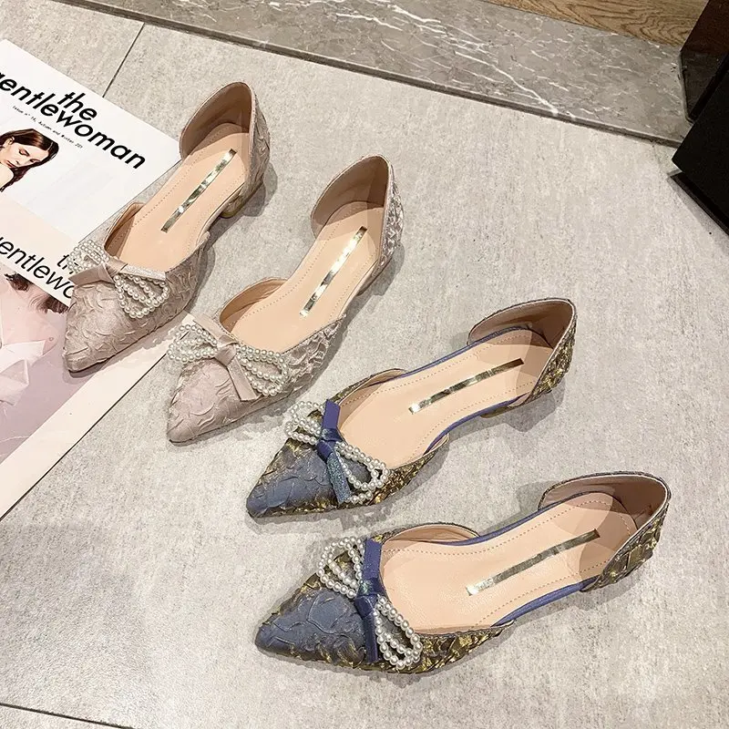 

Pearl Decorateion Shoes Woman 2021 Pointed Toe Female Footwear Bow-Knot Low Heels Elegant Beading New Boat Dress Butterfly On