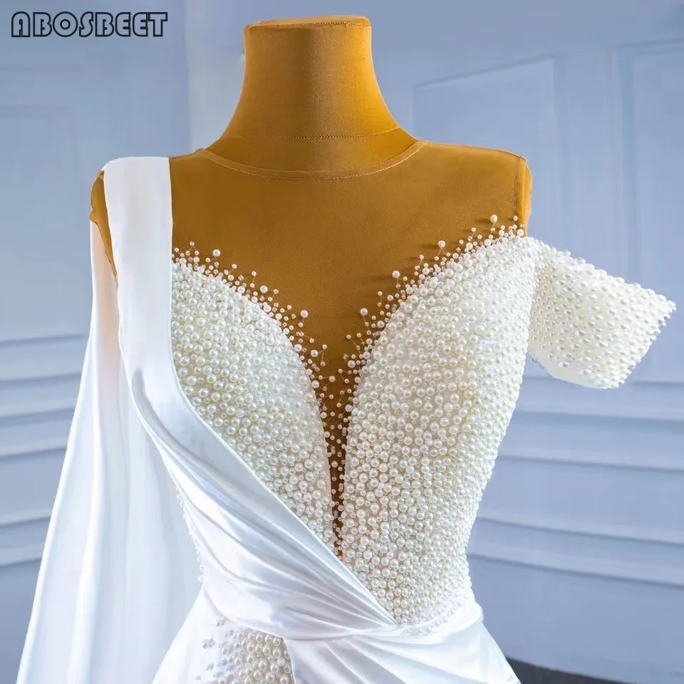 

Satin Wedding Dress Mermaid with One Shoulder Shawl Luxury Pearl Beads Wedding Gown for Bridal 2021 with Train Lace Up Back