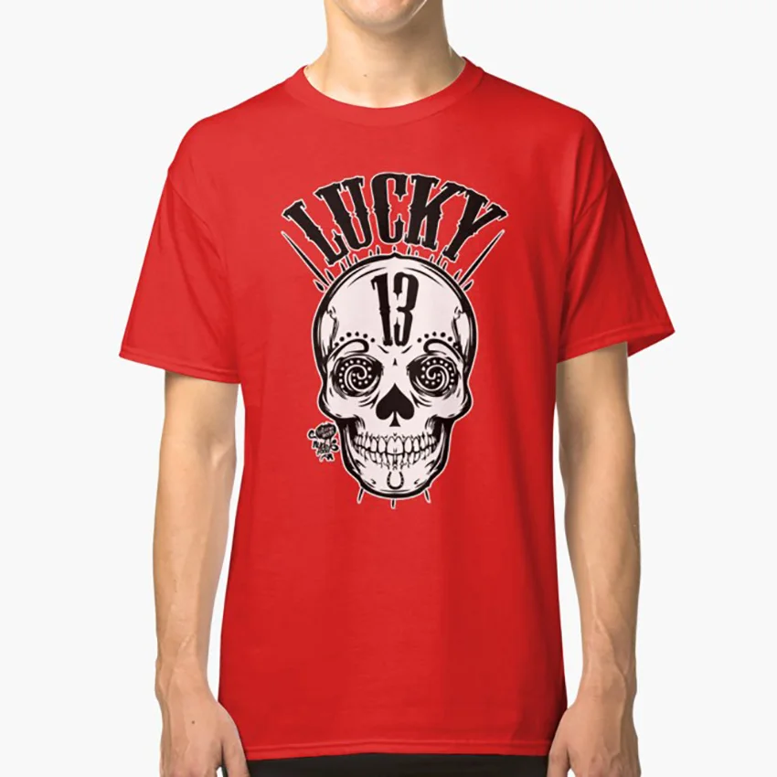 Lucky 13 футболка рок логотип psychobilly тату Панк Череп Чернила lucky music|Мужские футболки|