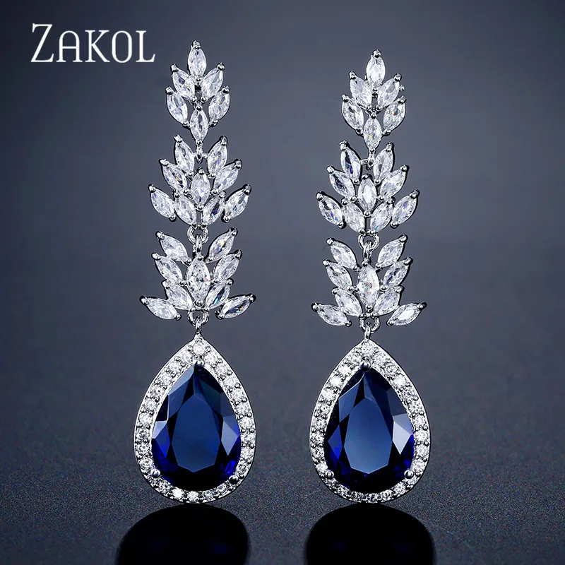 Бренд ZAKOL, высокое качество, белое золото, цветная слеза, кристалл, длинные висячие серьги, модные циркониевые листья, Женские Ювелирные изделия FSEP2180