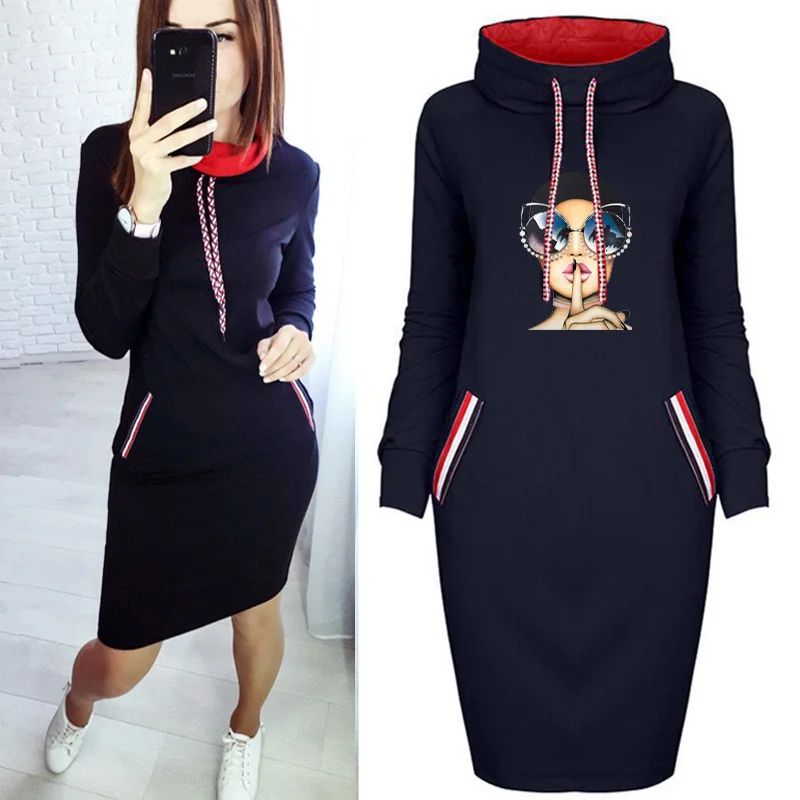 

Cool Girl Print Autumn Women Dress Bodycon Long Sleeve Turtleneck Knee Length Package Hip Party Club Plus Size Midi Dresses