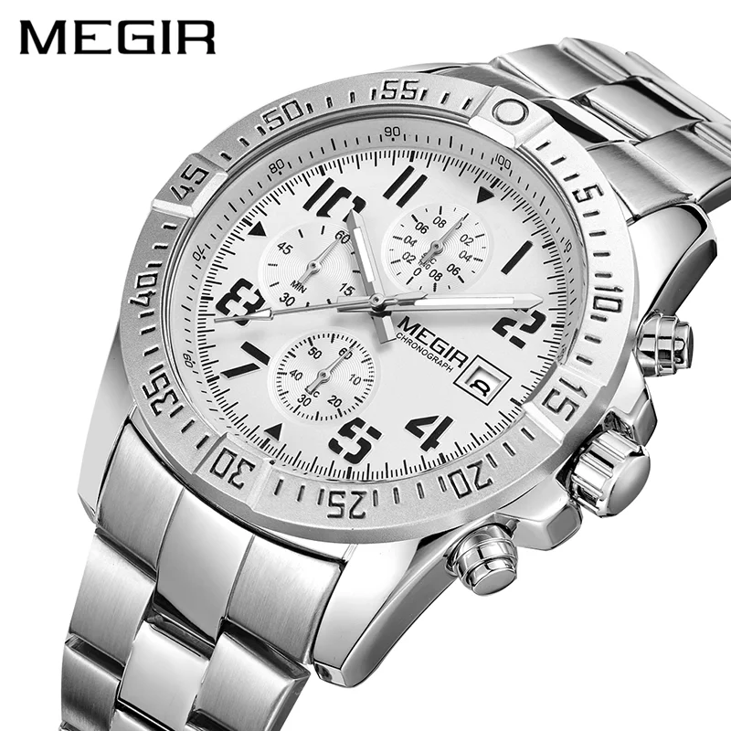 

MEGIR Top Luxury Men Watch Business Stainless Steel Wrist Watch Chronograph Army Military Quartz Watches Relogio Masculino