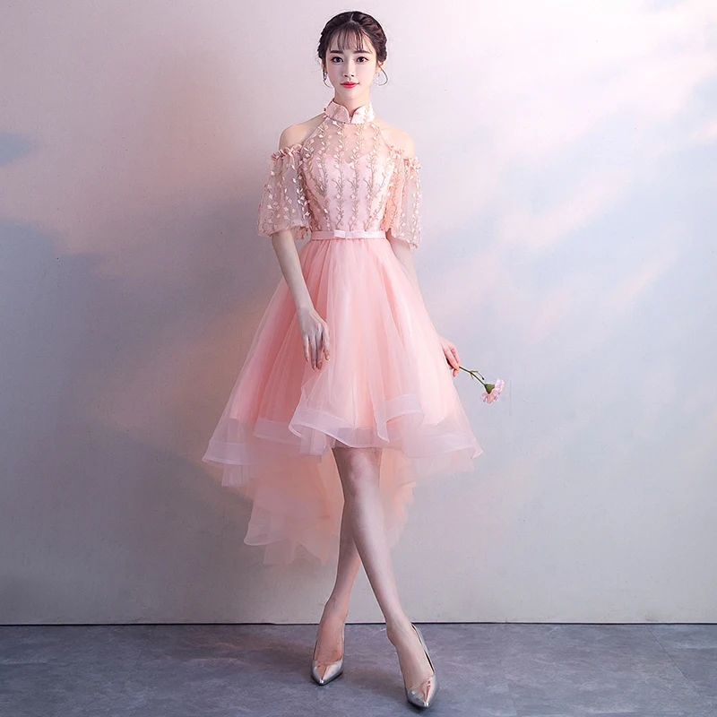 

Pink Mesh Cheongsam Evening Prom Dress Lace Flower Women Qipao Stage Performance Dresses chinese style evening dress