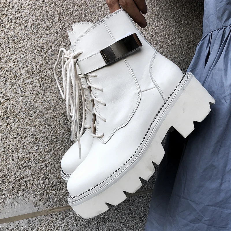 

Lace up motorcycle women Boots Genuine Leather Chunky high Heels platform ankle boots Winter Office Lady Working Shoes Woman