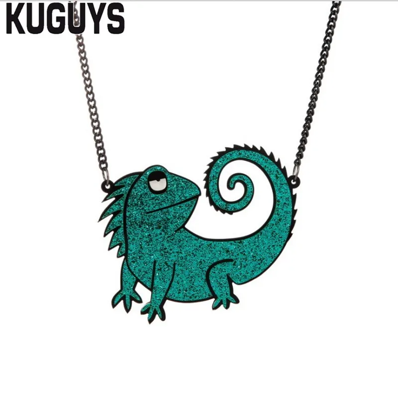 Женское ожерелье с подвеской ящерица хамелеон зеленая блестящая акриловая