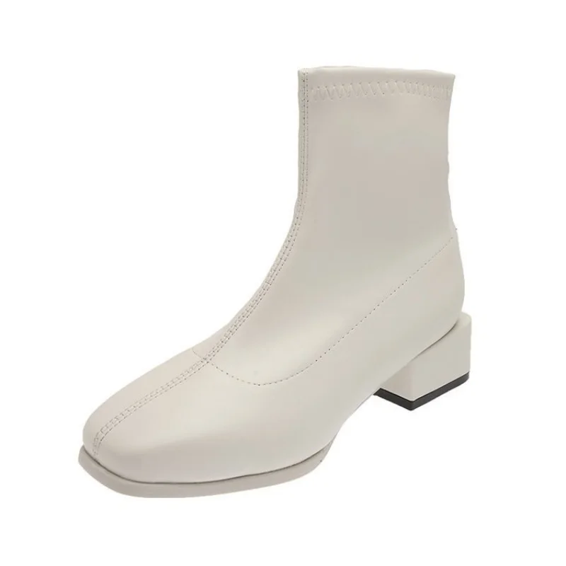 

Короткие сапоги, женские осенне-зимние новые эластичные тонкие сапоги на толстом каблуке, облегающие французские сапоги с квадратным носко...