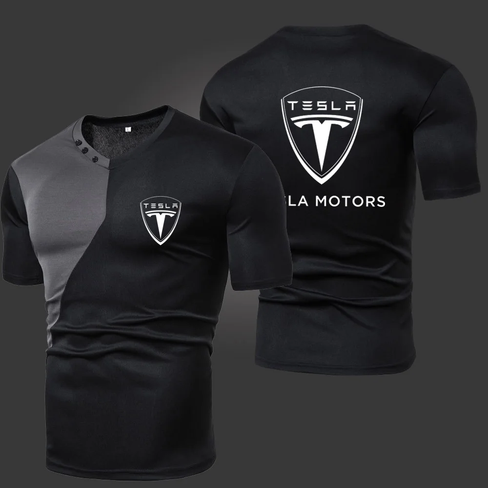

Summer New Tesla Men's T-Shirts Solid Color Splicing Casual Breathable Sports Slim Fitting Short Sleeve V-Neck Spotswear