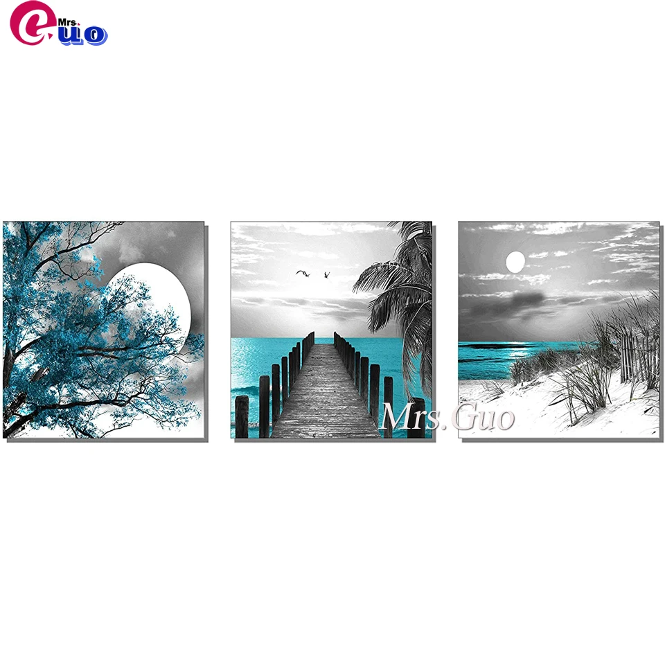 

Landscape Green Tree Coast Beach Wall Art Moon Ocean Triptych Diamond Painting Full drill Rhinestone Mosaic Diamond Embroidery