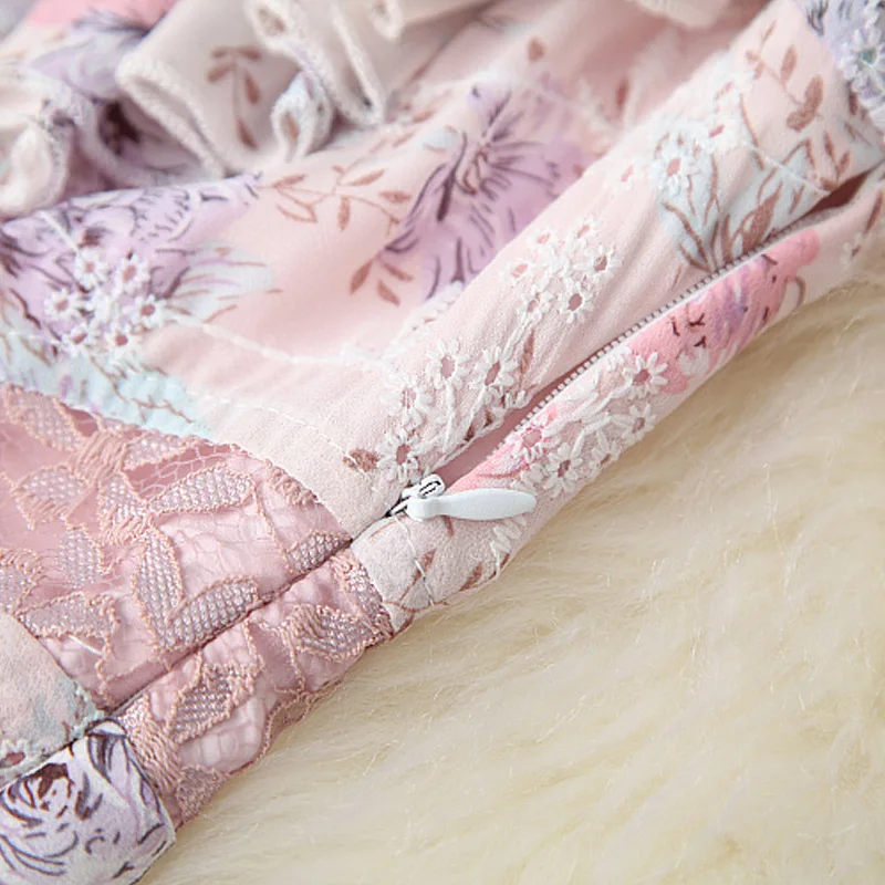 

Long Sleev Dress For Woman 2021 Spring Summer Stand Collar Ruffles Pink Print Embroidered Irregular Elegant Chiffon Dress Midi
