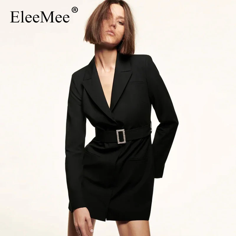 

EleeMee Women Dress 2022 New Blazer Mini Dresses Belt Slim Sexy Fashion Black Cool Long Sleeve Spring Vestidos Size Xs-L