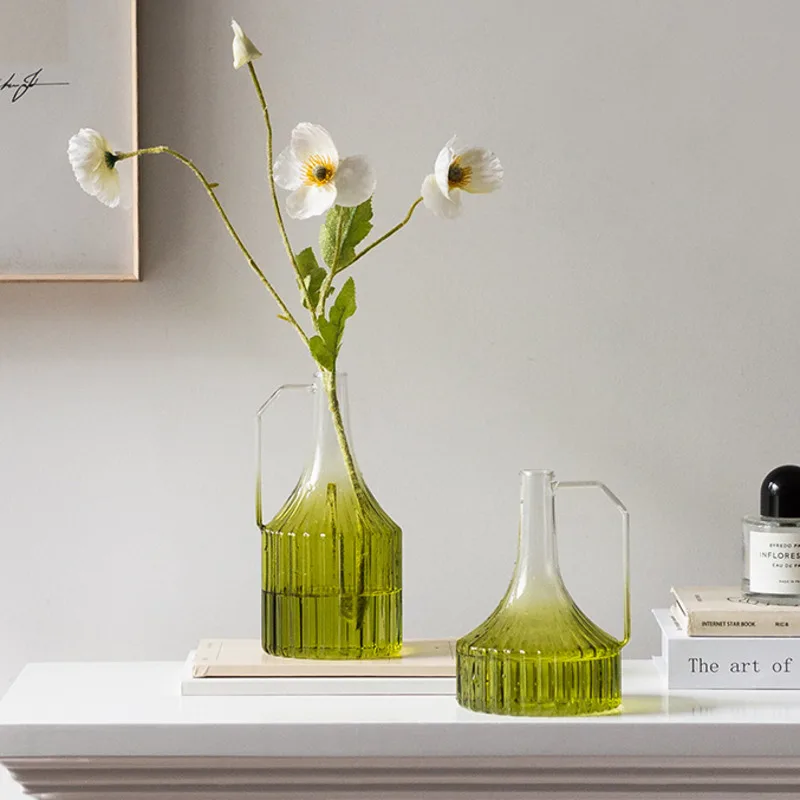 

Modern Simple Green Gradient Vertical Pattern Glass Hydroponic Vases Flower Arrangement Ornaments Home Decoration Accessories