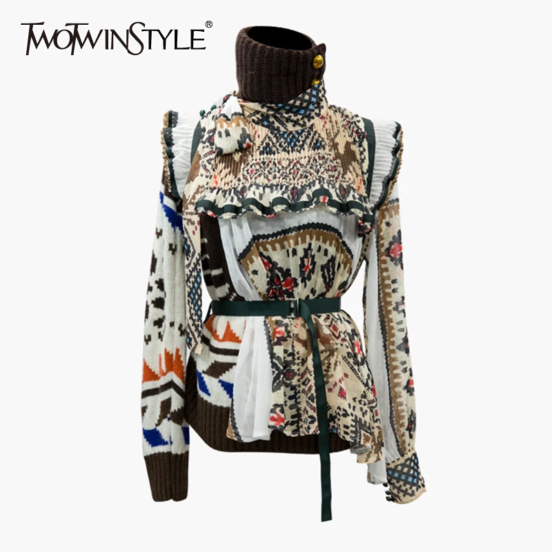 Асимметричный женский свитер с TWOTWINSTYLE принтом, водолазка, длинный рукав, высокая талия, с поясом, с оборками, нестандартный женский свитер