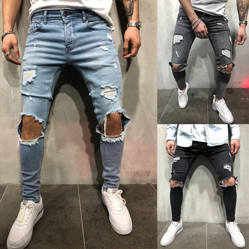 Новые мужские рваные джинсы с дырками, повседневные Черные и синие облегающие джинсовые брюки, байкерские джинсы в стиле хип-хоп с пикантны...