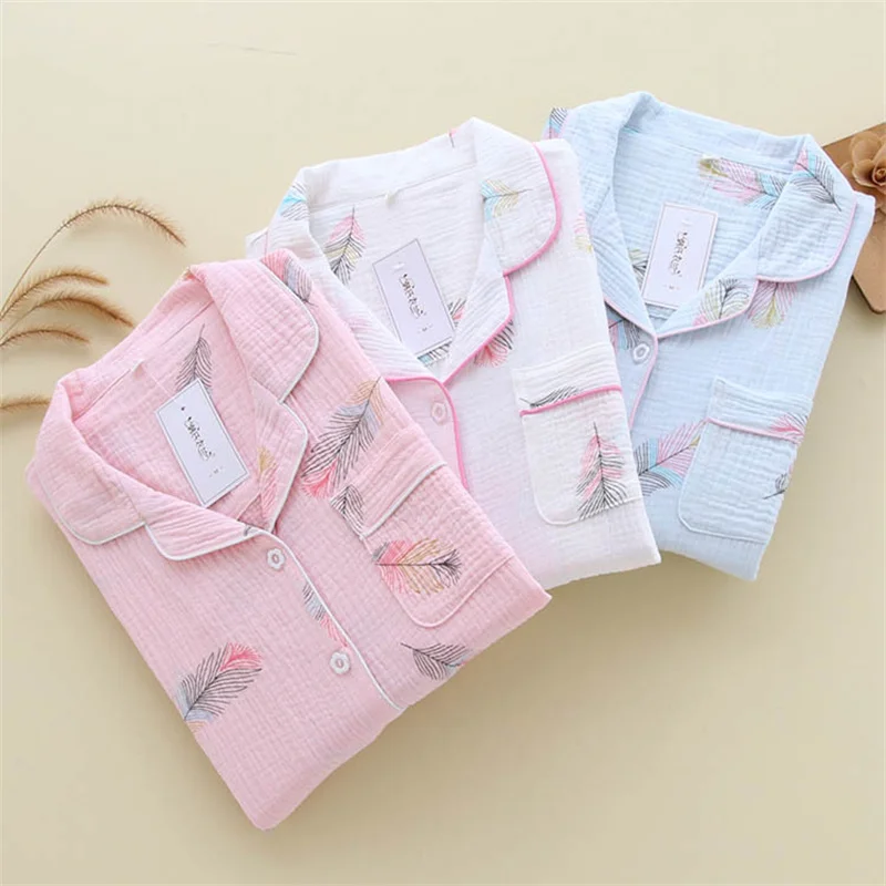 

Spring Summer Cotton Crepe Gauze Pajama Sets Feather Home Button Sleepwear Pink Edge Long Sleeved Small Lapel Nightdress Women